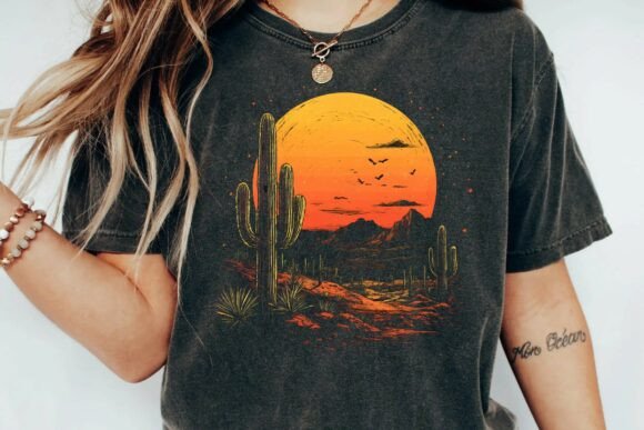 Bring the West to Your Wardrobe: Vintage Desert Sunset Cactus Mountain Retro Graphic T-Shirt Design Png